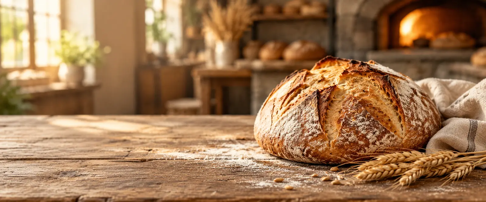 Rustikaler Brotlaib in einer warm beleuchteten Backstube