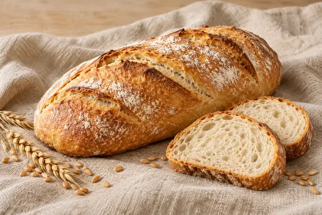 Goldbraunes Weizenbrot auf hellem Leinentuch